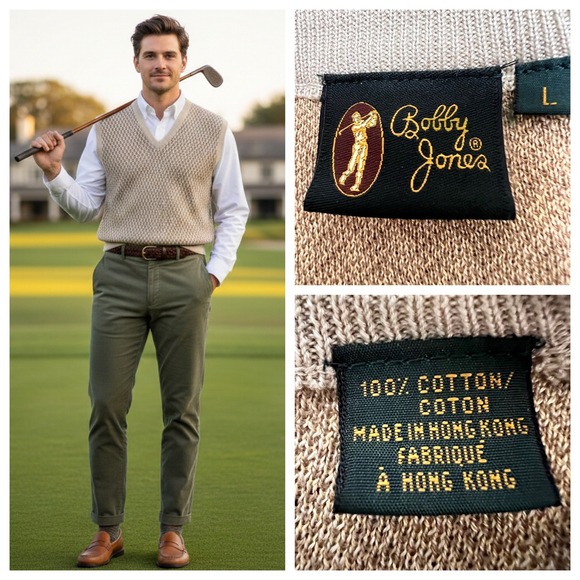 Vintage Bobby Jones Golf Sweater Vest L Beige Geometric Knit 90 HK Cotton Preppy